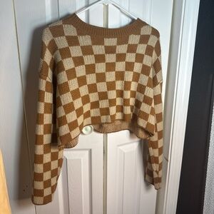 SHEIN Brown and Cream Checkered Knit Sweater